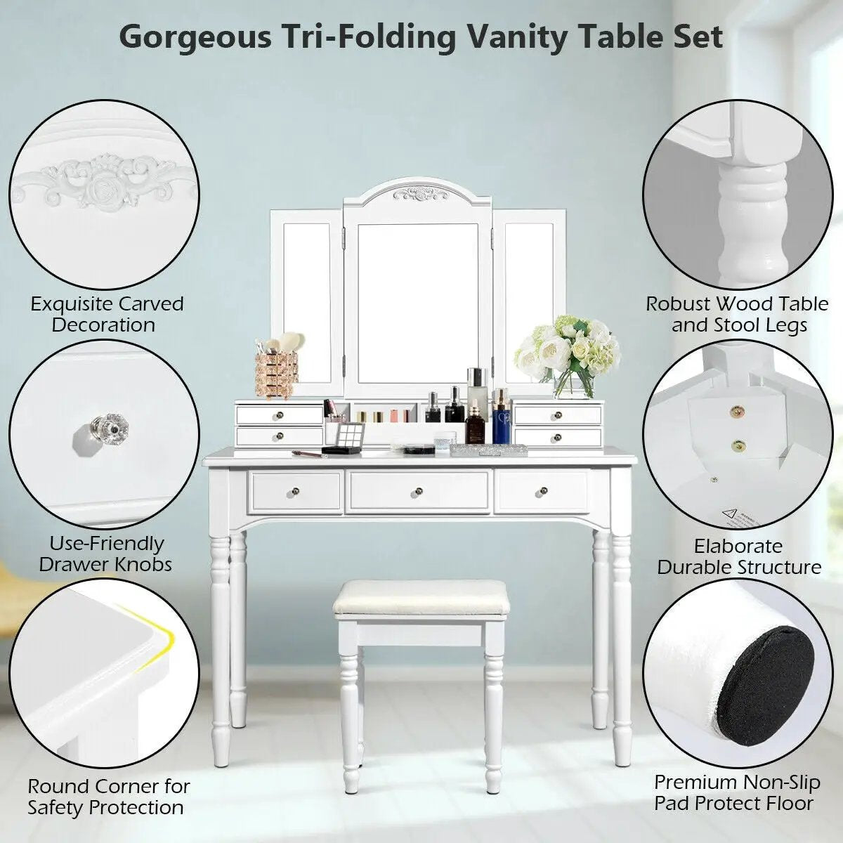 Makeup Dressing Table with Tri-Folding Mirror and Cushioned Stool for Women by DirectDeals