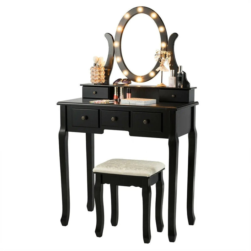 5 Drawers Vanity Table Stool Set with 12-LED Bulbs by DirectDeals