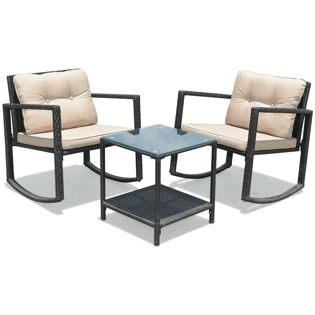 3 Pieces Cushioned Patio Rattan Set with Rocking Chair and Table-Black, photo 3 of 13