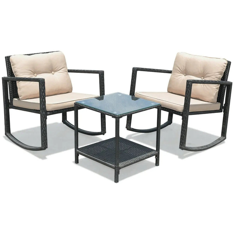 3 Pieces Cushioned Patio Rattan Set with Rocking Chair and Table-Black by DirectDeals