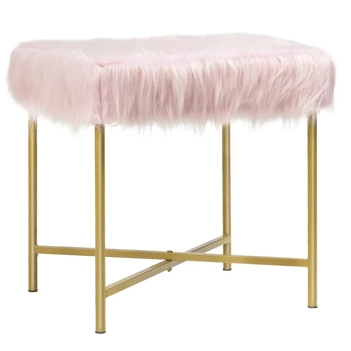 Faux Fur Ottoman Decorative Stool with Metal Legs by DirectDeals