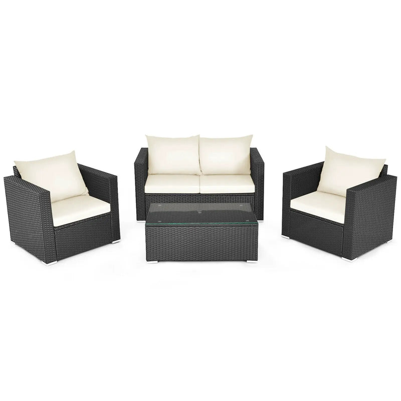 4 Pieces Patio Rattan Conversation Set with Cushions and Coffee Table-Black by DirectDeals