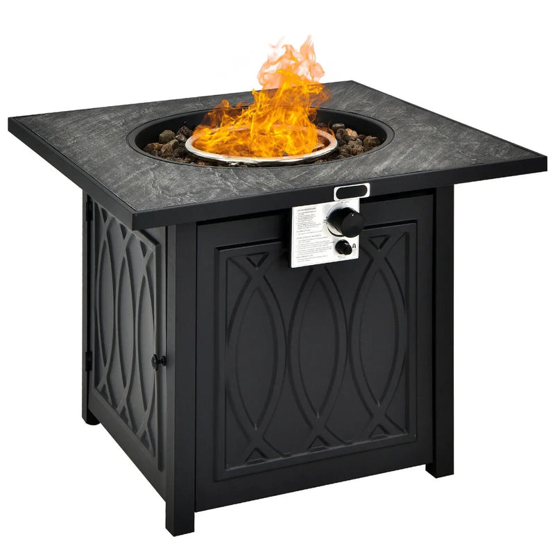 32 Inch Propane Fire Pit Table Square Tabletop with Lava Rocks Cover 50000 BTU-Black by DirectDeals