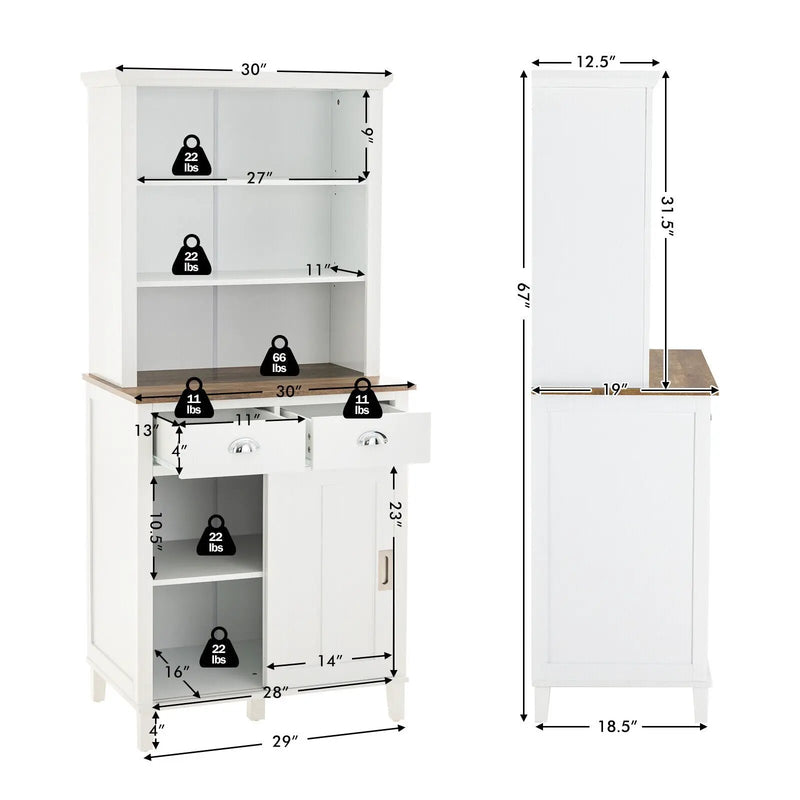 Freestanding Kitchen Pantry with Hutch Sliding Door and Drawer-White by DirectDeals