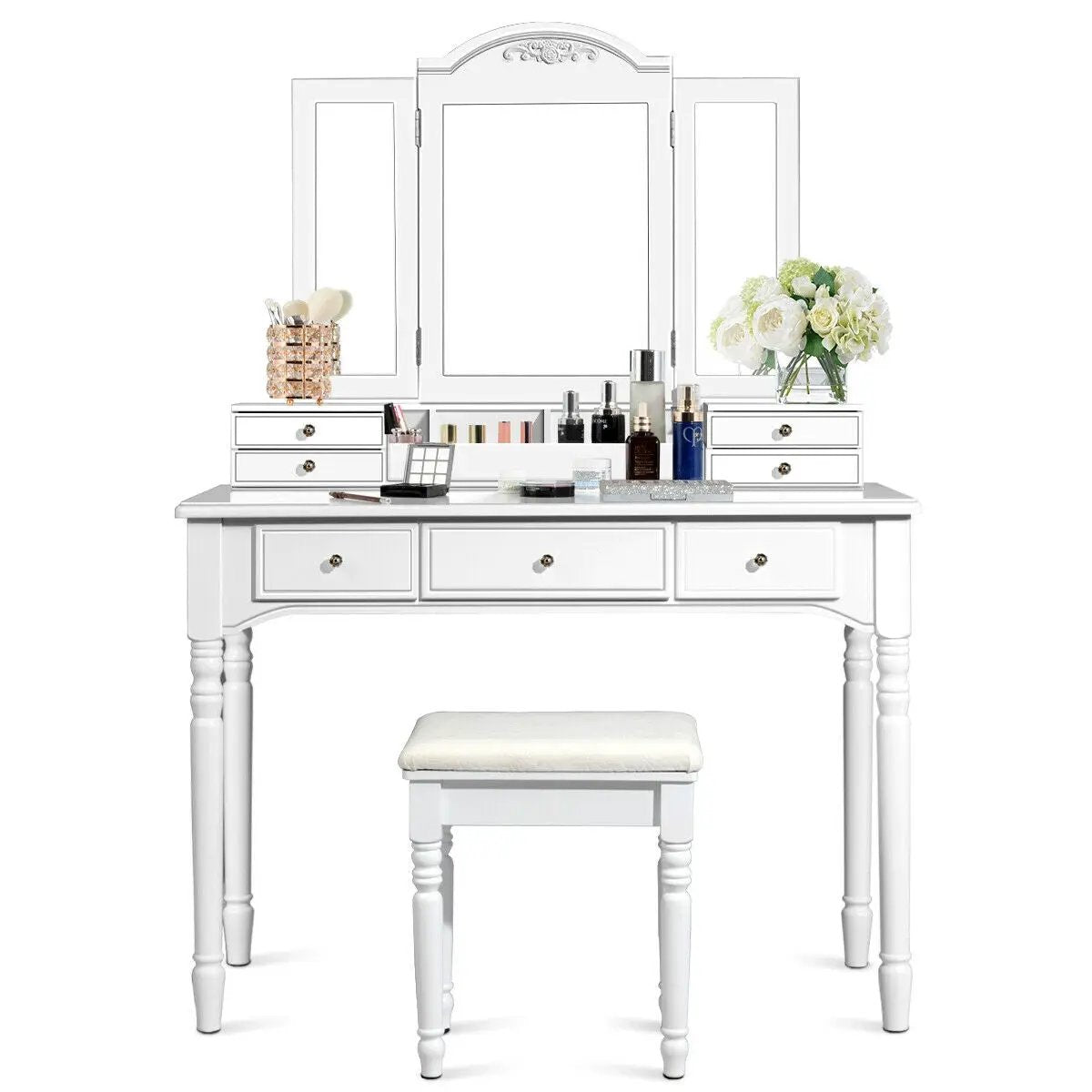 Makeup Dressing Table with Tri-Folding Mirror and Cushioned Stool for Women by DirectDeals