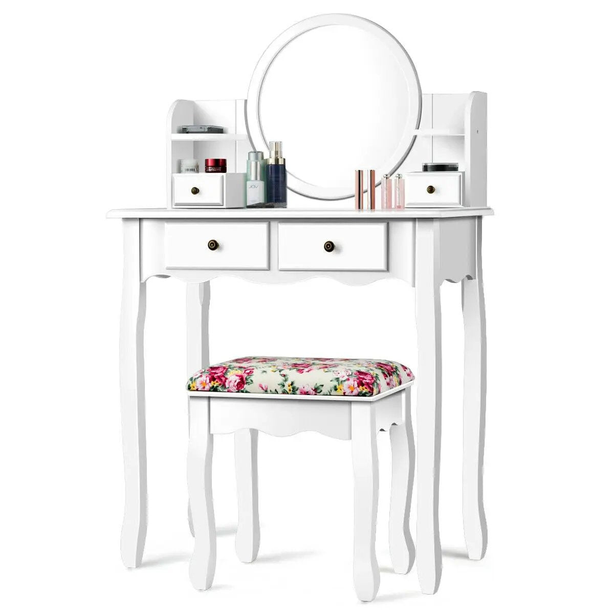 Makeup Vanity Table Set Girls Dressing Table with Drawers Oval Mirror by DirectDeals