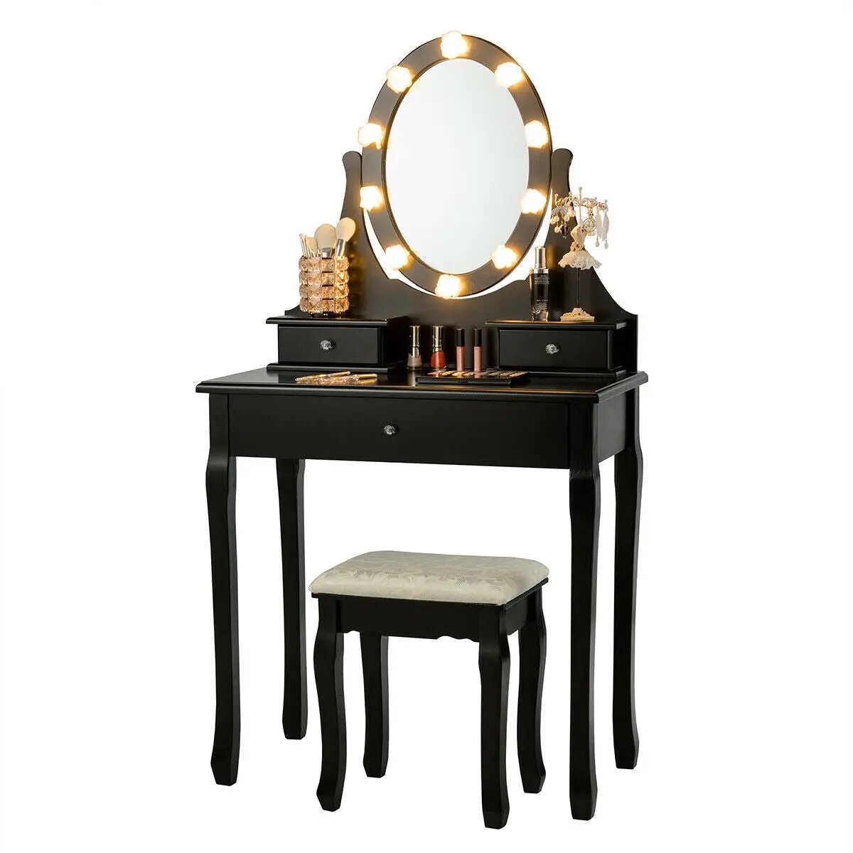 3 Drawers Lighted Mirror Vanity Dressing Table Stool Set by DirectDeals