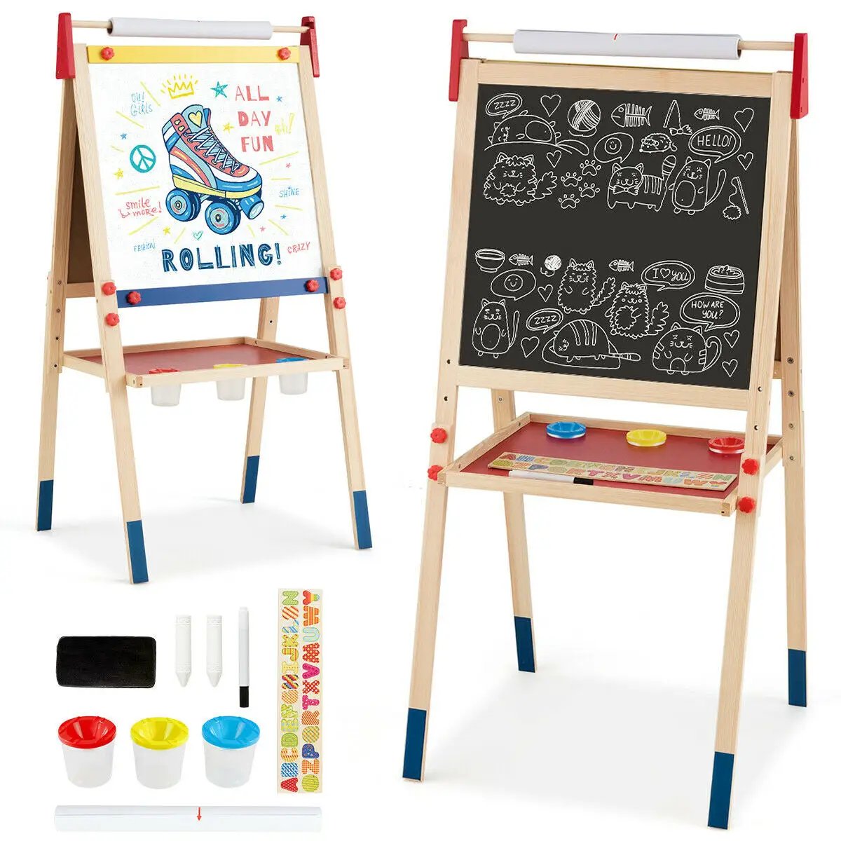 All-in-One Wooden Height Adjustable Kid's Art Easel with Magnetic Stickers and Paper by DirectDeals