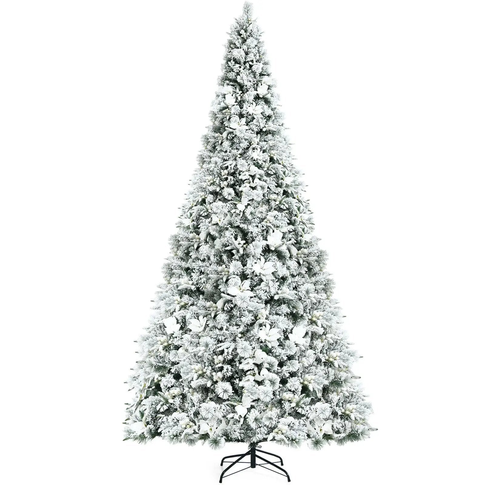 8 Feet Snow Flocked Hinged Christmas Tree with Berries and Poinsettia Flowers by DirectDeals