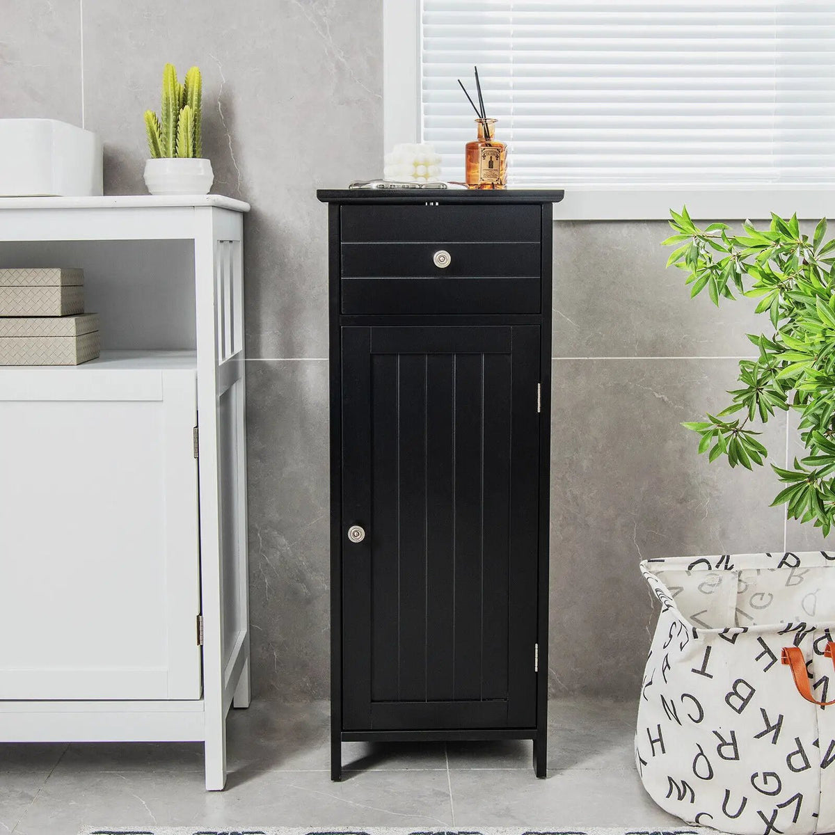 Wooden Bathroom Floor Storage Cabinet with Drawer and Shelf, photo 2 of 32