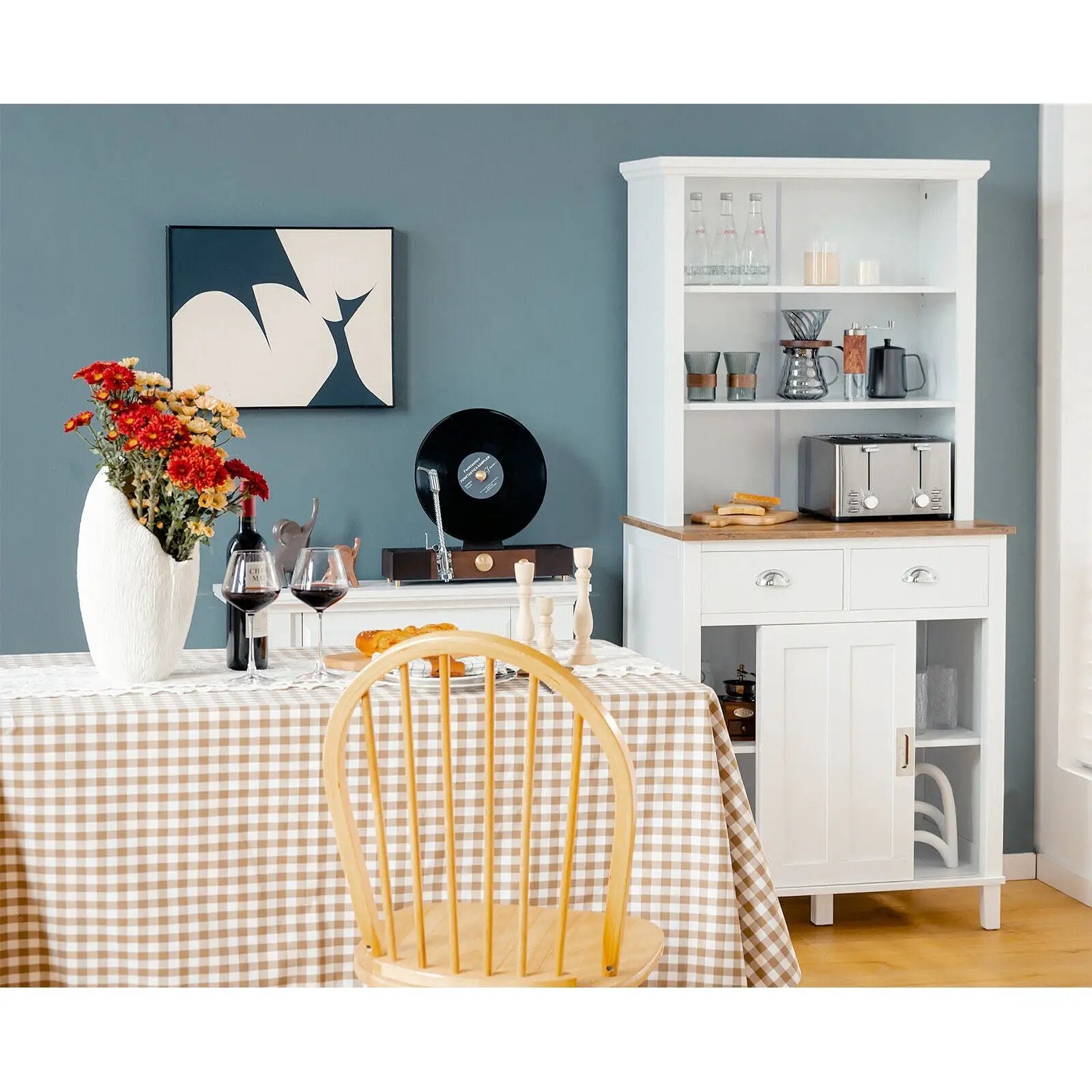 Freestanding Kitchen Pantry with Hutch Sliding Door and Drawer-White by DirectDeals