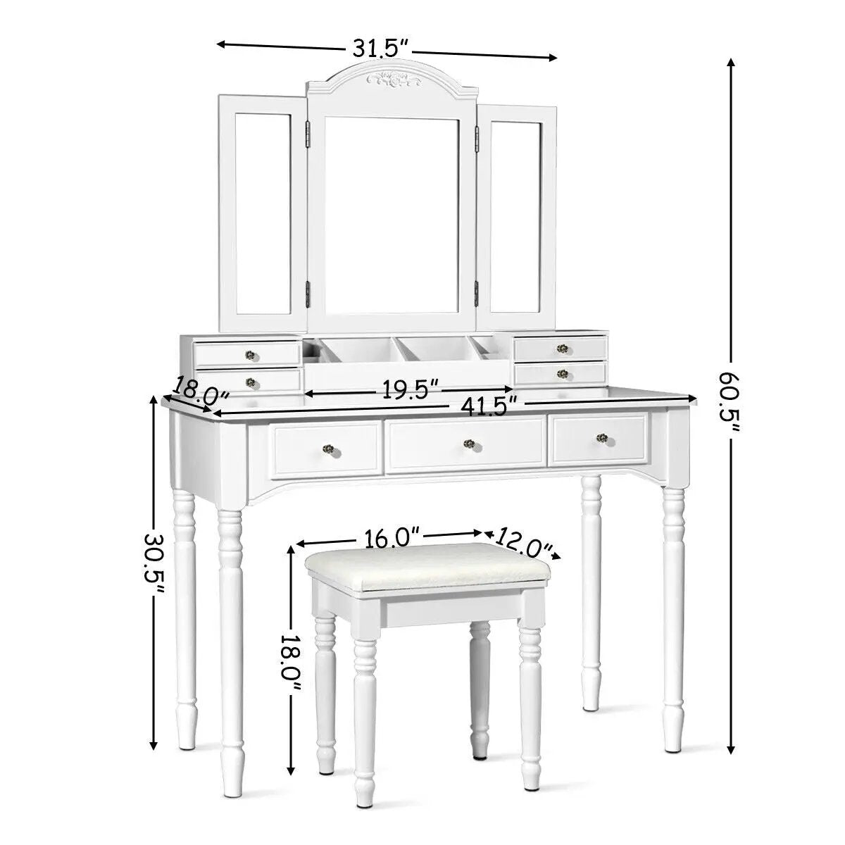 Makeup Dressing Table with Tri-Folding Mirror and Cushioned Stool for Women, photo 5 of 9