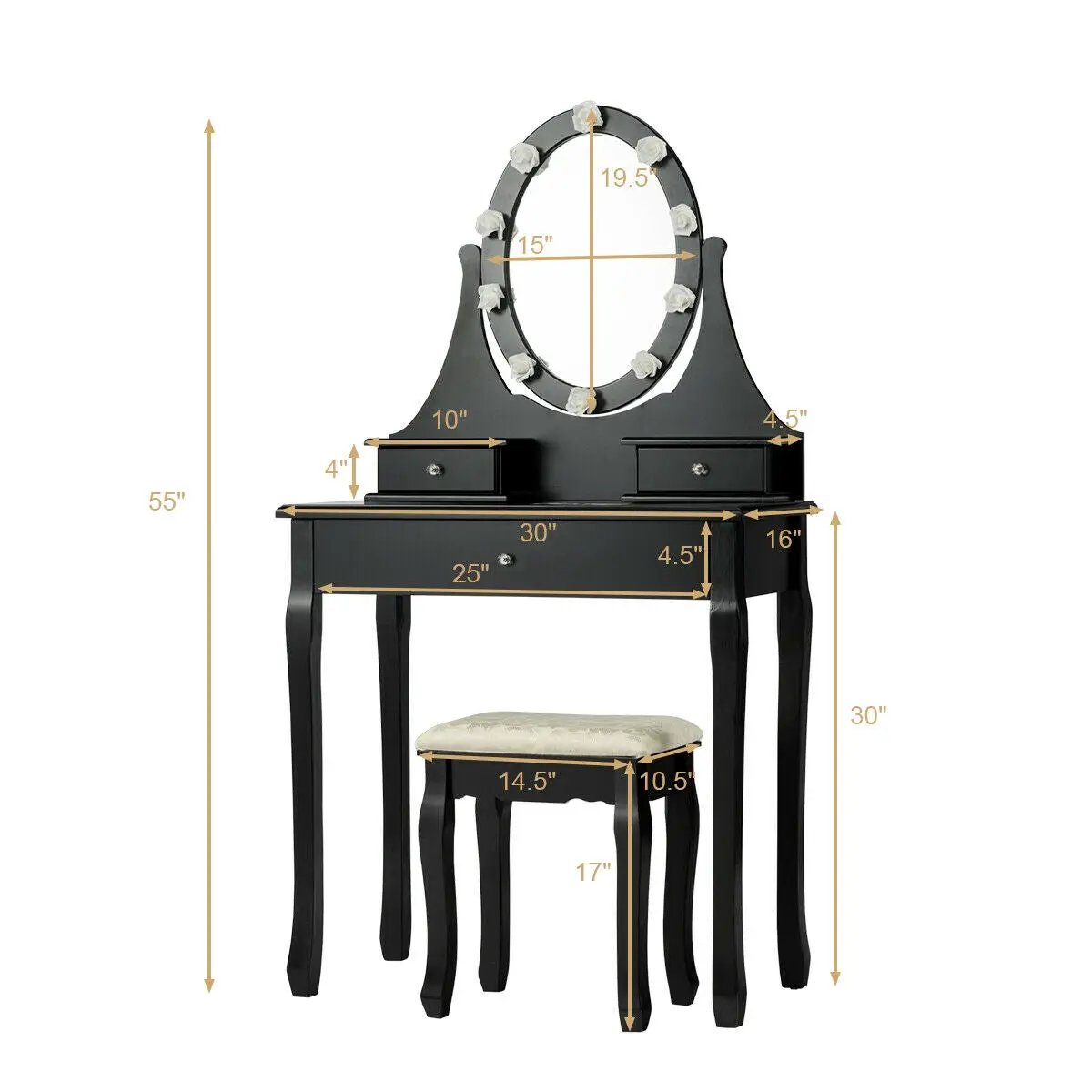 3 Drawers Lighted Mirror Vanity Dressing Table Stool Set by DirectDeals