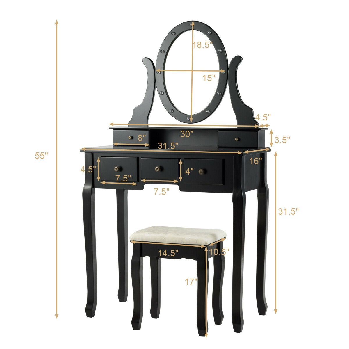 5 Drawers Vanity Table Stool Set with 12-LED Bulbs, photo 6 of 9