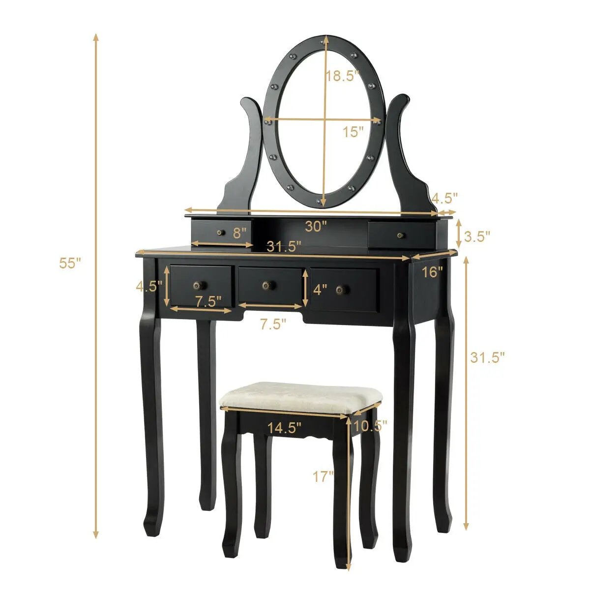5 Drawers Vanity Table Stool Set with 12-LED Bulbs by DirectDeals