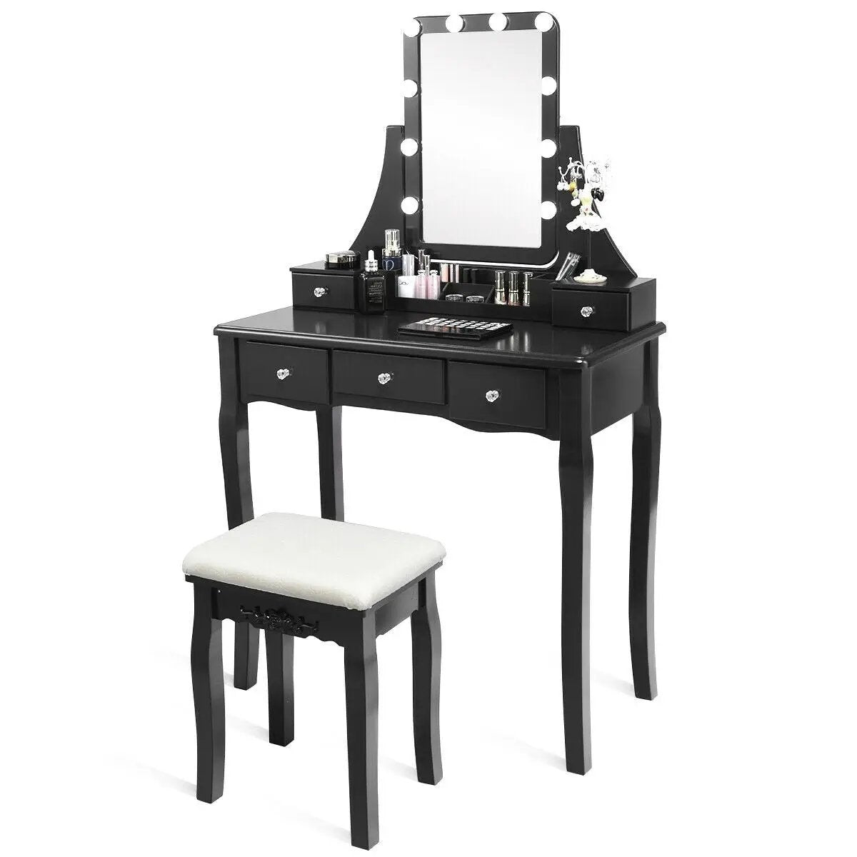 10 Dimmable Light Bulbs Vanity Dressing Table with 2 Dividers and Cushioned Stool, photo 8 of 10