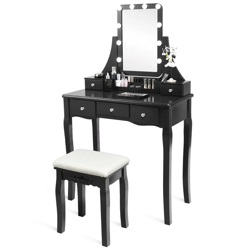 10 Dimmable Light Bulbs Vanity Dressing Table with 2 Dividers and Cushioned Stool by DirectDeals