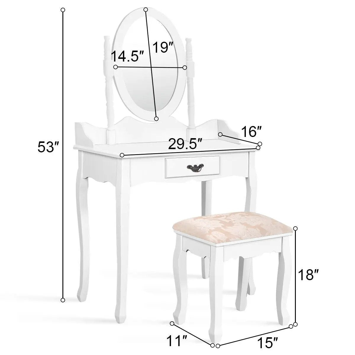 Wooden Vanity Makeup Set with Cushioned Stool and Oval Rotating Mirror by DirectDeals