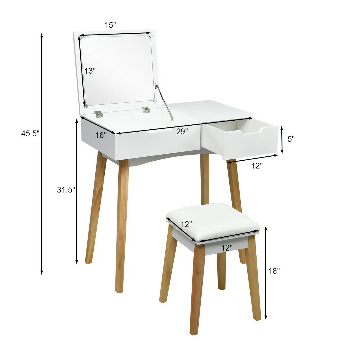Wooden Vanity Table with Flip Top Mirror and Cushioned Stool by DirectDeals