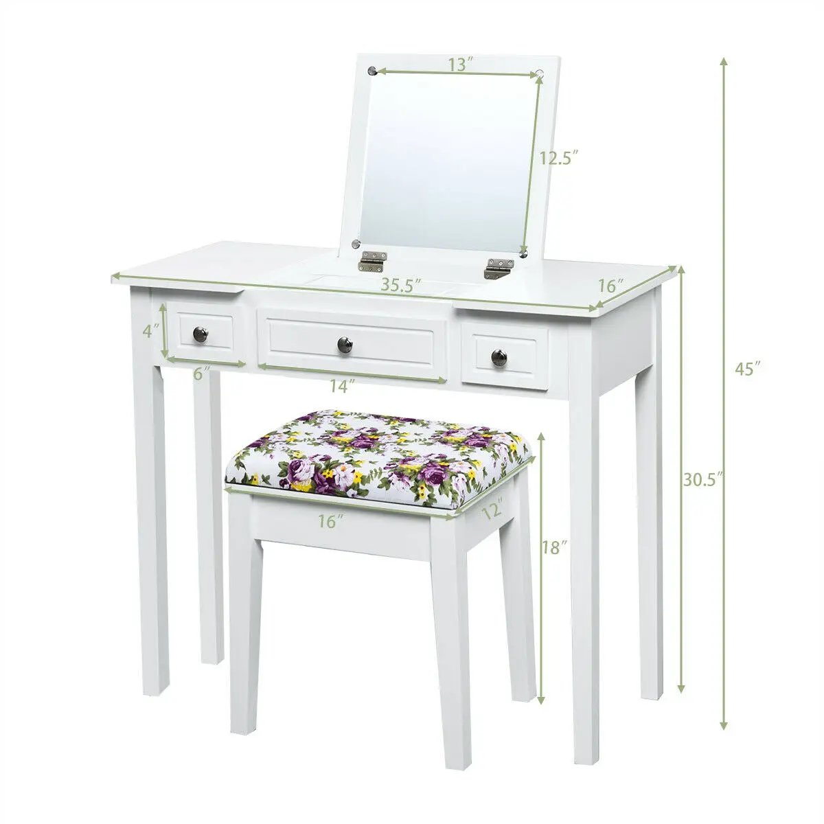 Vanity Dressing Table Set with Flip Top Mirror and 3 Drawers by DirectDeals