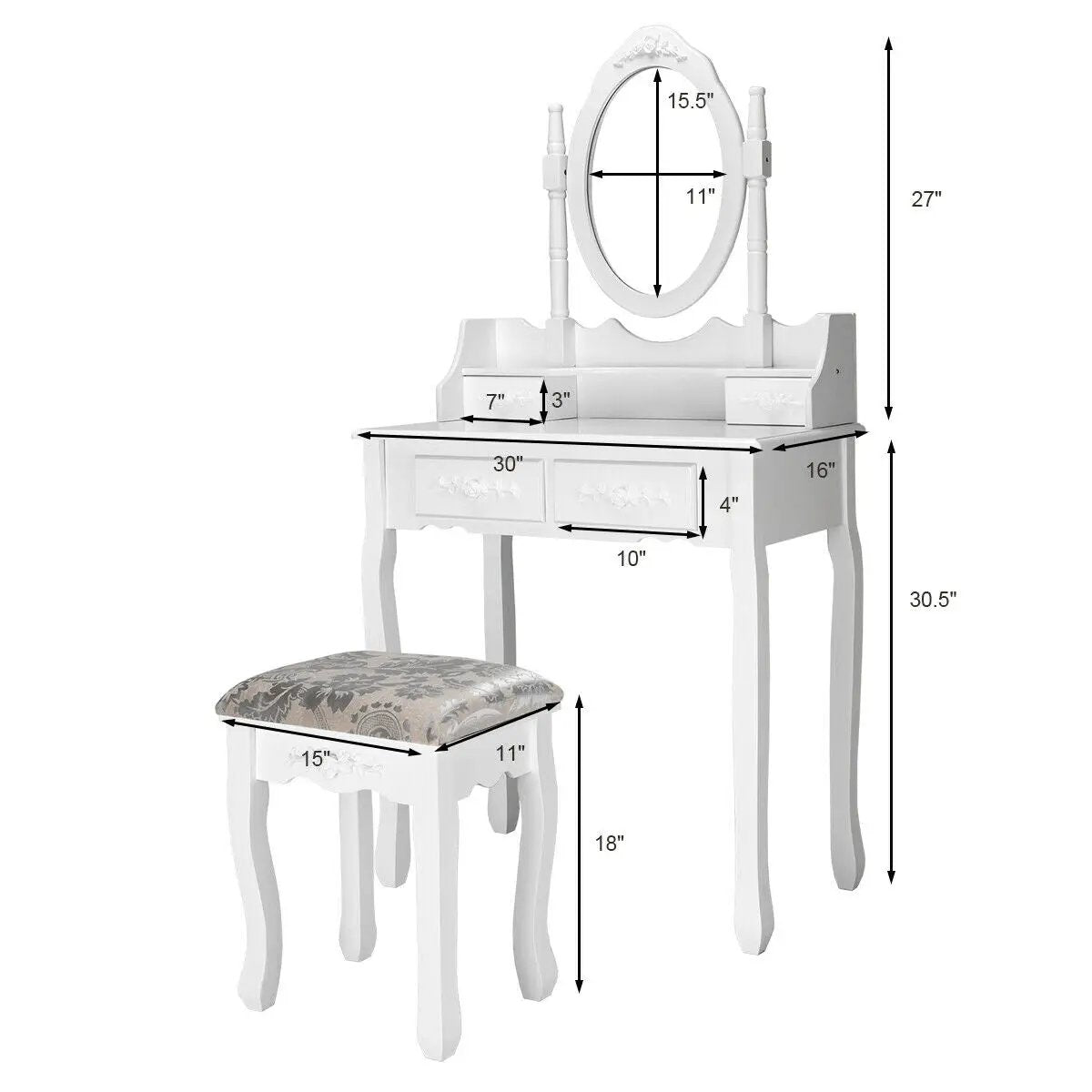 Vanity Table Set with Oval Mirror and 4 Drawers-White by DirectDeals
