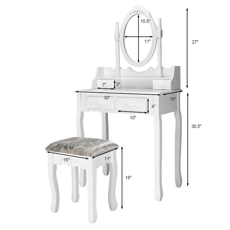 Vanity Table Set with Oval Mirror and 4 Drawers-White by DirectDeals
