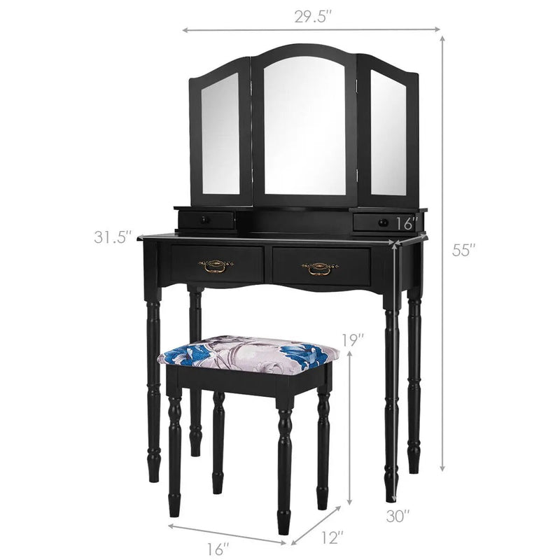 Simple Vanity Set with Tri-Folding Mirror Drawers and Storage Shelf by DirectDeals