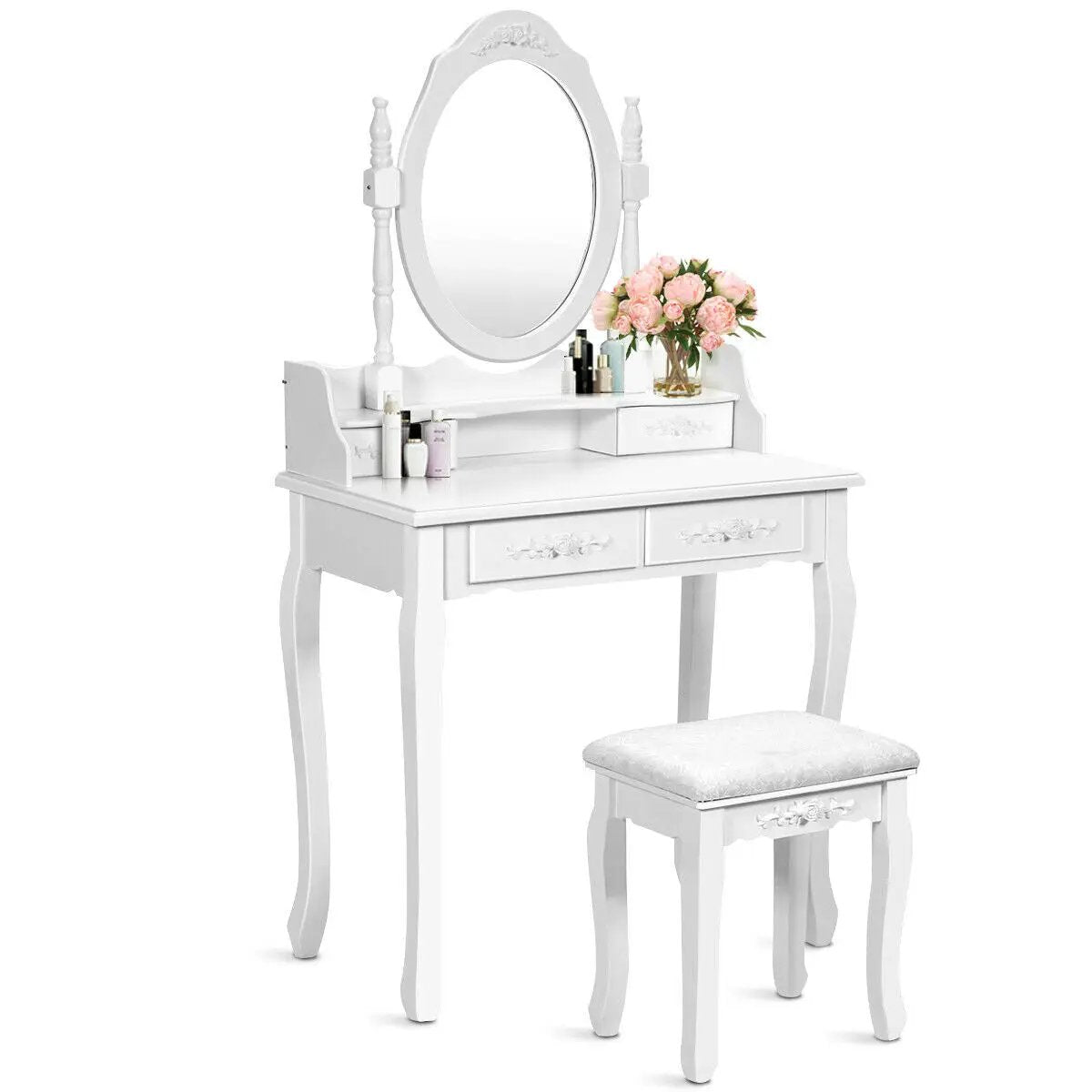 Wood Vanity Table Set with Oval Mirror and 4 Drawers for Kids Girls Women-White by DirectDeals