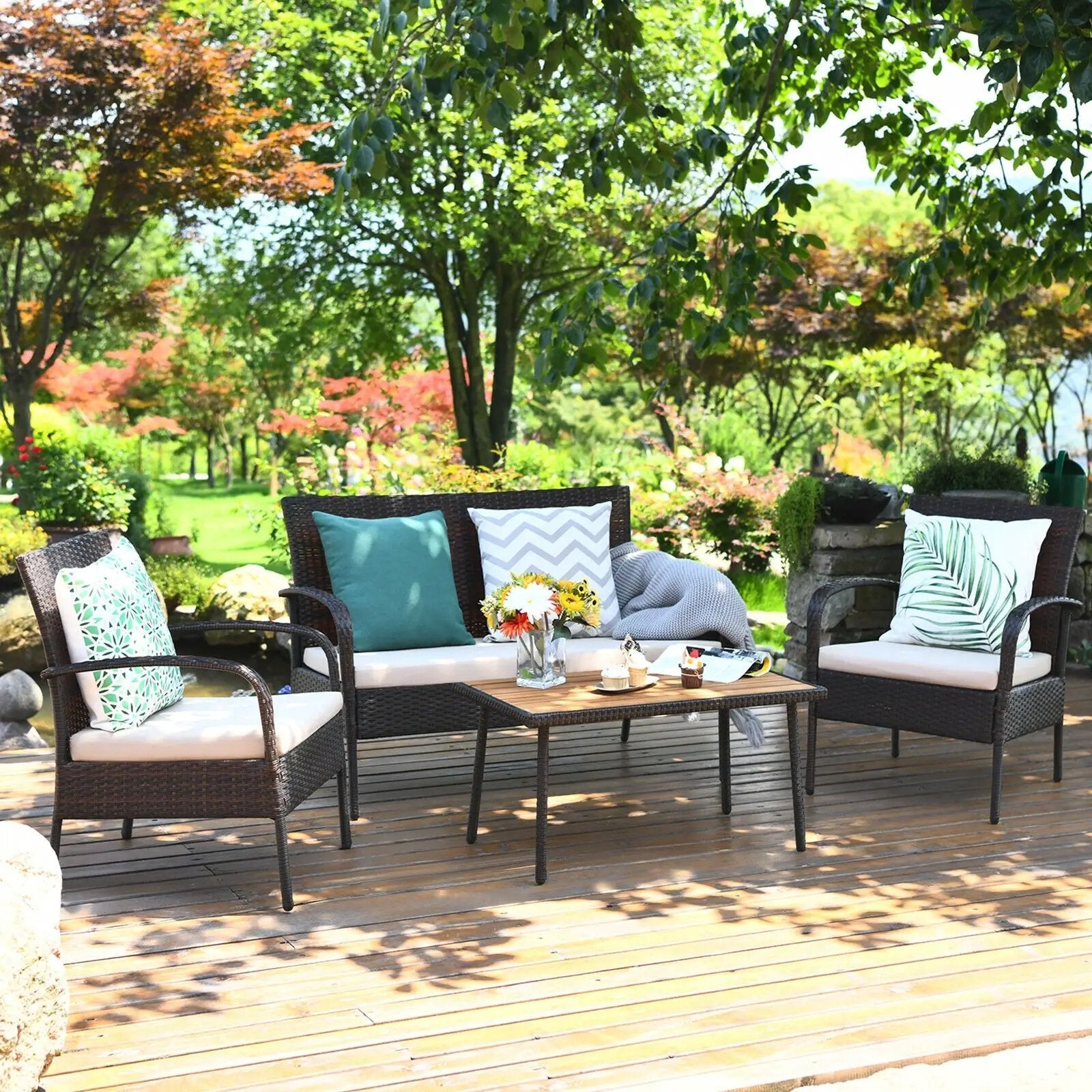 4 Pieces Patio Cushioned Wicker Conversation Set with Acacia Wood Tabletop by DirectDeals