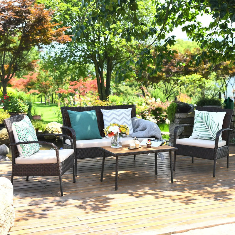 4 Pieces Patio Cushioned Wicker Conversation Set with Acacia Wood Tabletop by DirectDeals