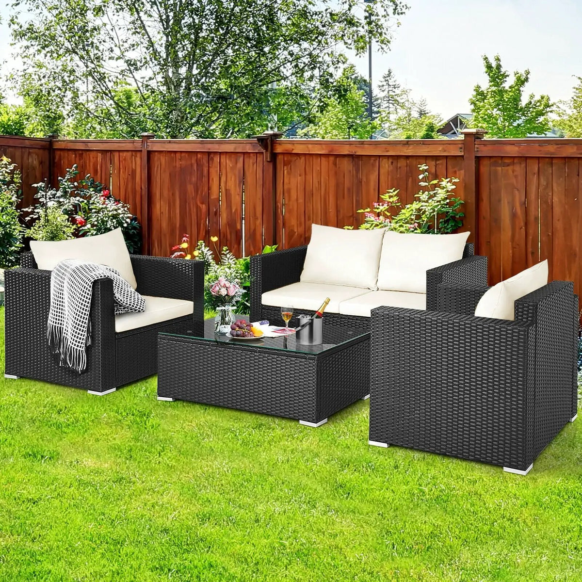 4 Pieces Patio Rattan Conversation Set with Cushions and Coffee Table-Black, photo 2 of 12
