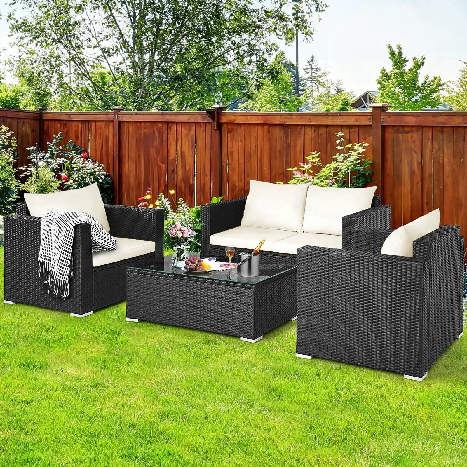 4 Pieces Patio Rattan Conversation Set with Cushions and Coffee Table-Black by DirectDeals