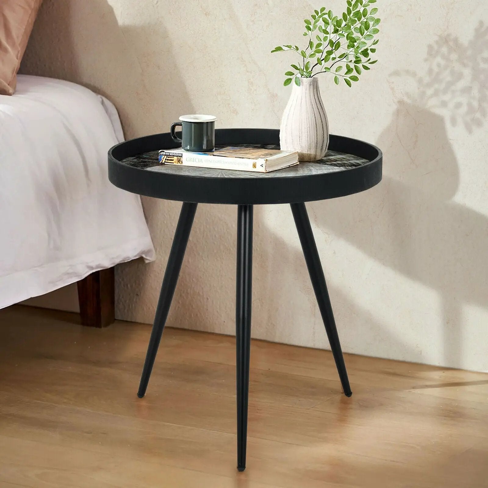 Modern Round End Table with Wooden Tray Top for Living Room Bedroom-Black by DirectDeals