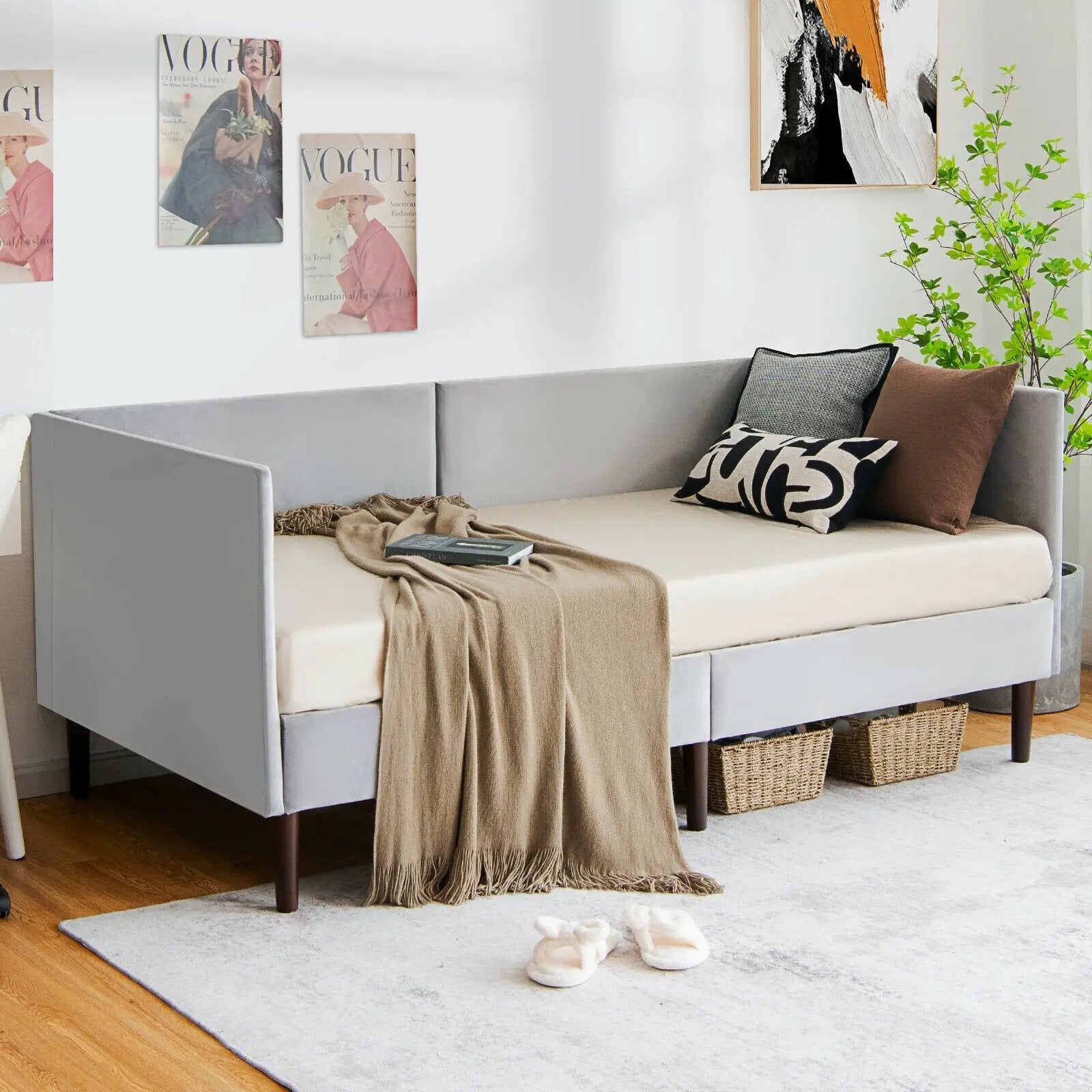 Twin Size Daybed Frame with Sturdy Wooden Slat Support-Gray by DirectDeals
