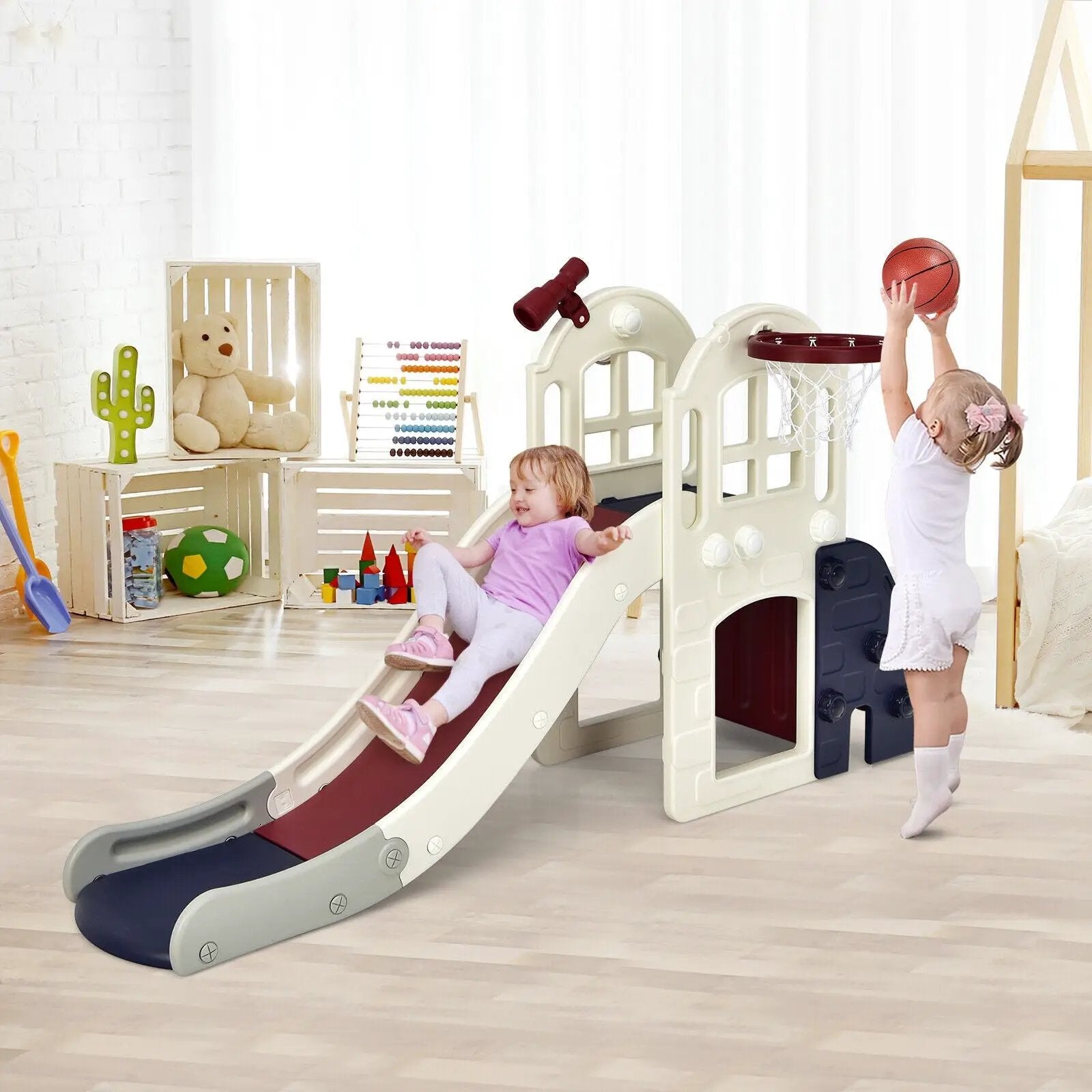 6-In-1 Large Slide for Kids Toddler Climber Slide Playset with Basketball Hoop by DirectDeals