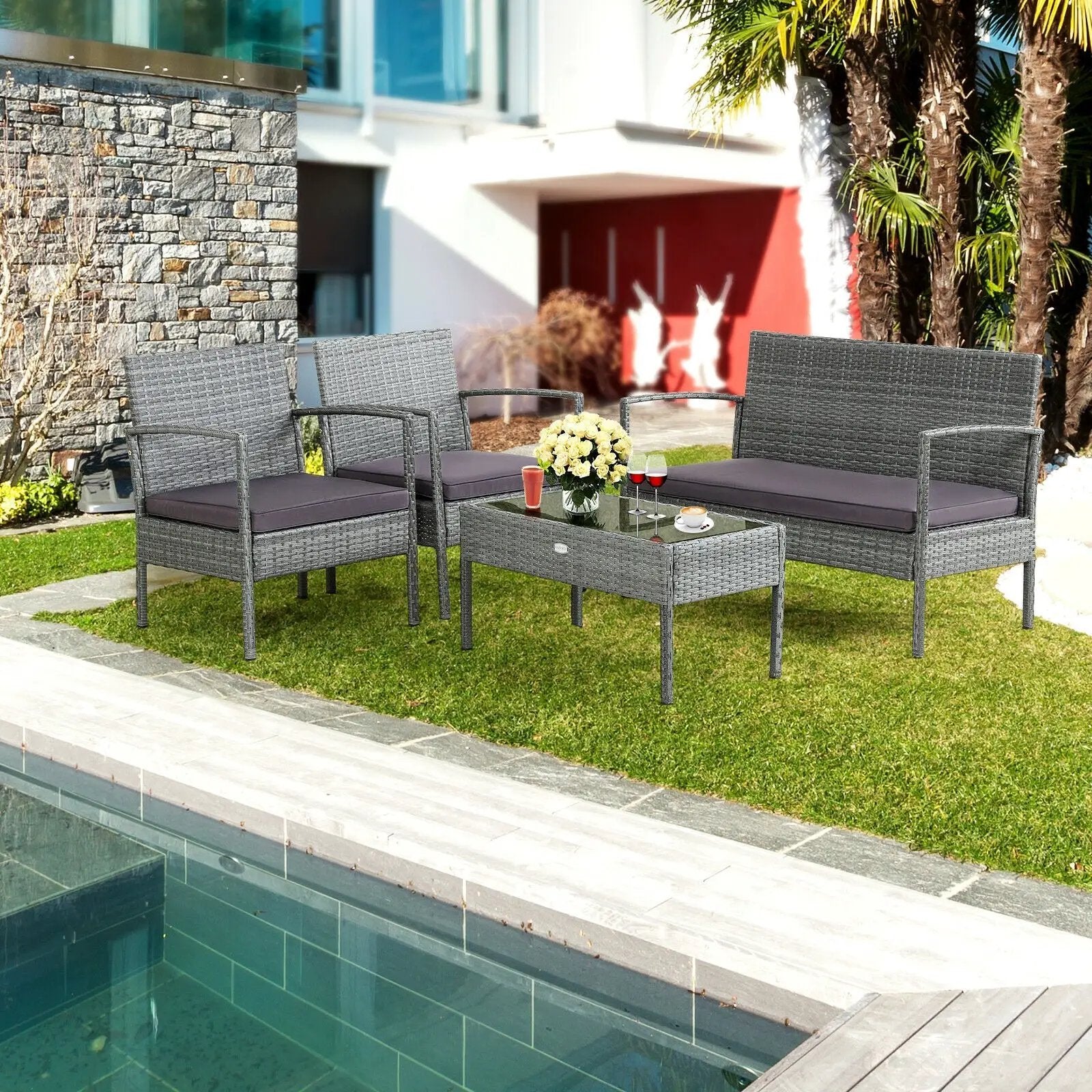 4 Pieces Outdoor Rattan Conversation Set with Comfortable Cushion by DirectDeals