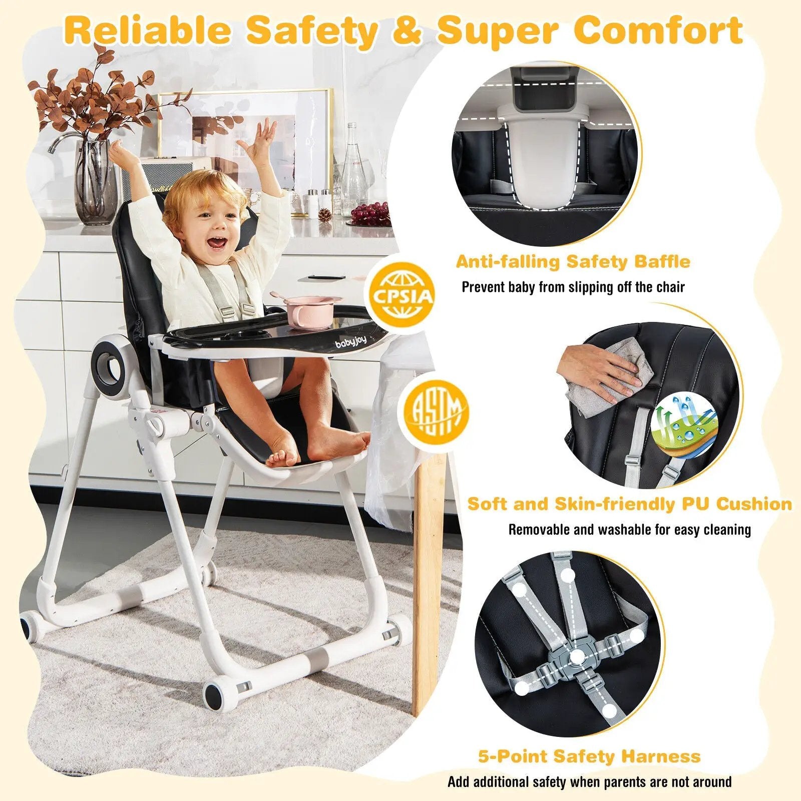 Baby High Chair Foldable Feeding Chair with 4 Lockable Wheels by DirectDeals
