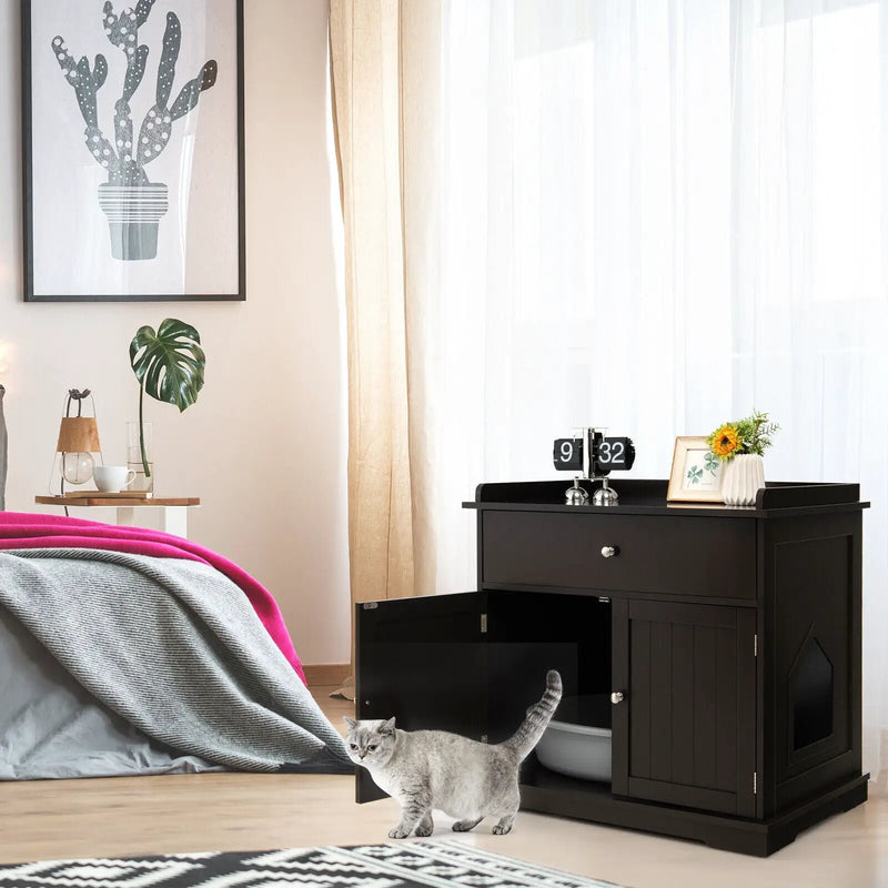 Wooden Cat Litter Box Enclosure with Drawer Side Table Furniture by DirectDeals
