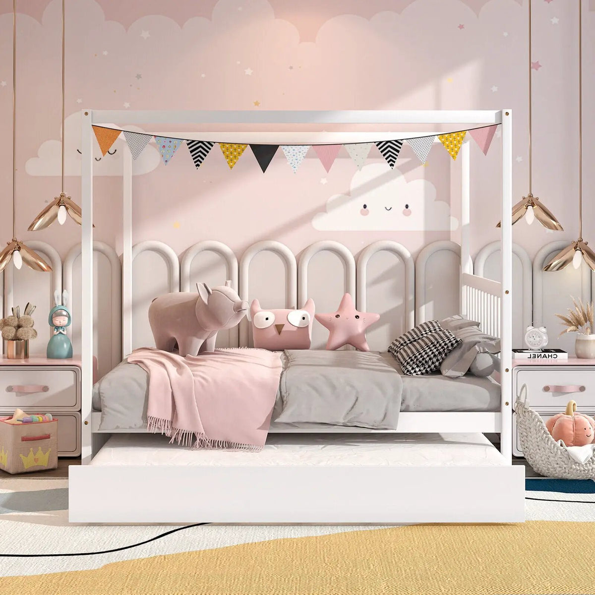 Full Size Canopy Bed with Trundle Wooden Platform Bed Frame Headboard, photo 3 of 9