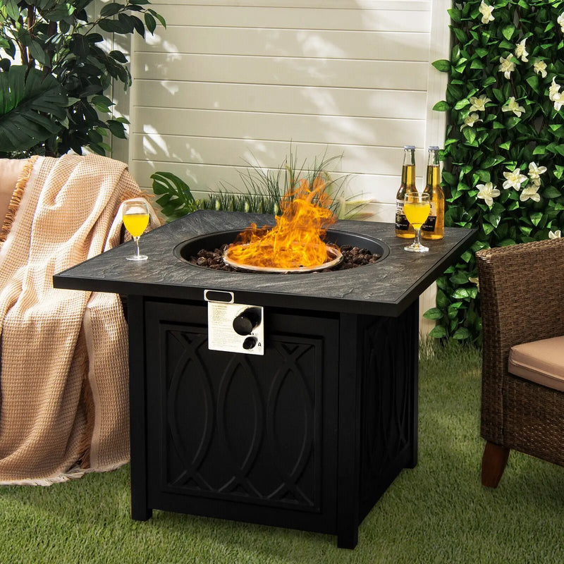 32 Inch Propane Fire Pit Table Square Tabletop with Lava Rocks Cover 50000 BTU-Black by DirectDeals