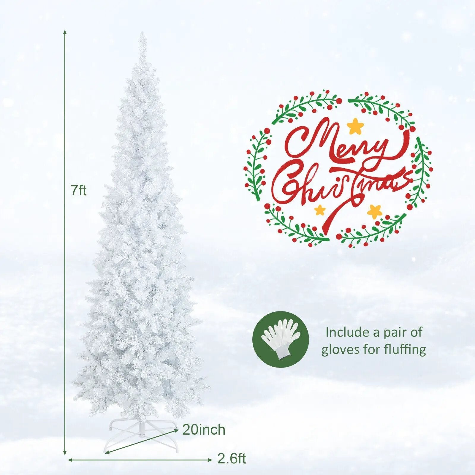 7 Feet Pre-Lit Hinged Pencil Christmas Tree White with 300 LED Lights and 8 Flash Modes by DirectDeals