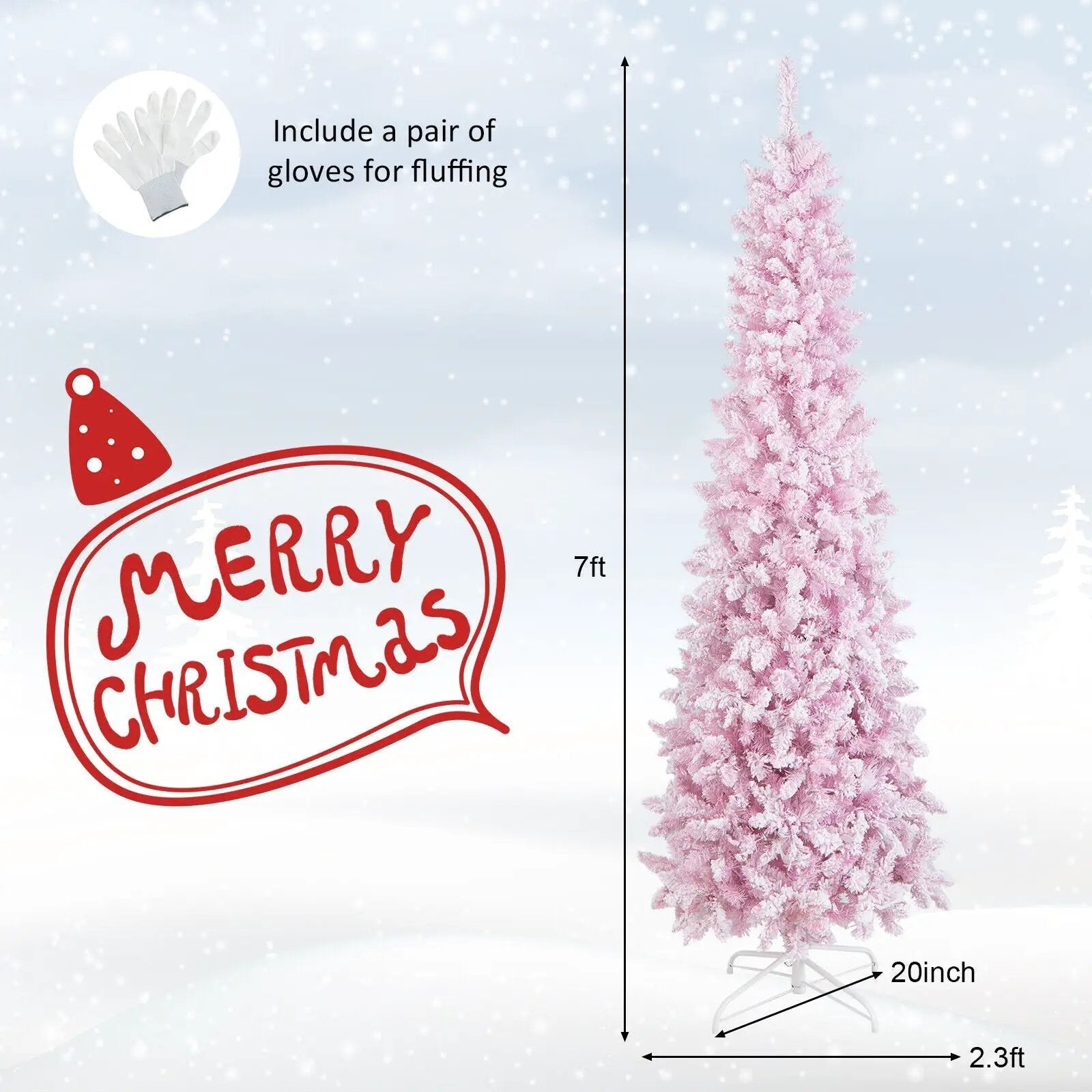 7 Feet Pre-Lit Snow Flocked Hinged Pencil Christmas Tree with 300 Lights and 8 Modes by DirectDeals