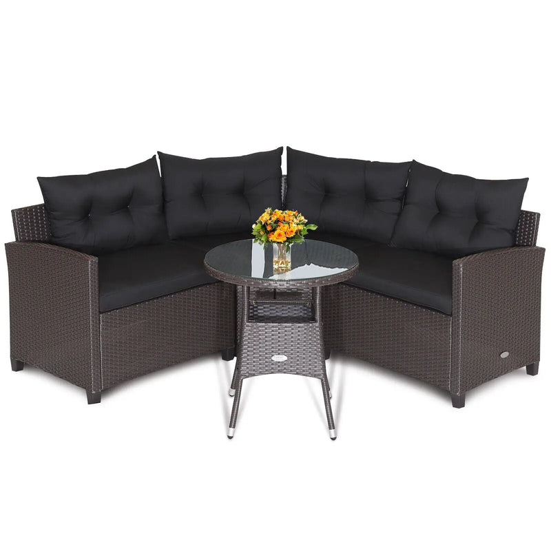 4 Pieces Patio Rattan Furniture Set Cushioned Sofa Glass Table by DirectDeals