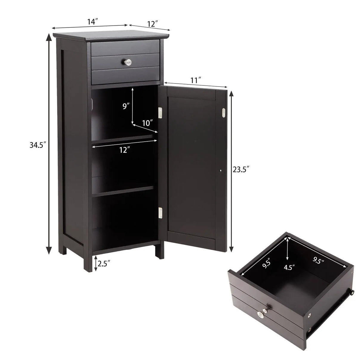 Wooden Bathroom Floor Storage Cabinet with Drawer and Shelf, photo 17 of 32