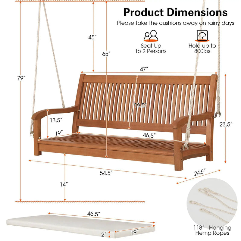 2-Person Hanging Porch Swing Wood Bench with Cushion Curved Back by DirectDeals