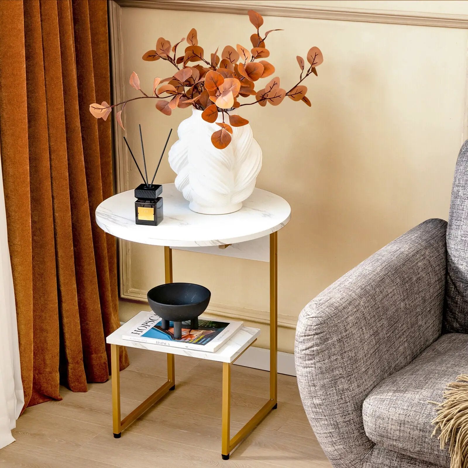2-Tier Round End Beside Table with Metal Frame-White by DirectDeals