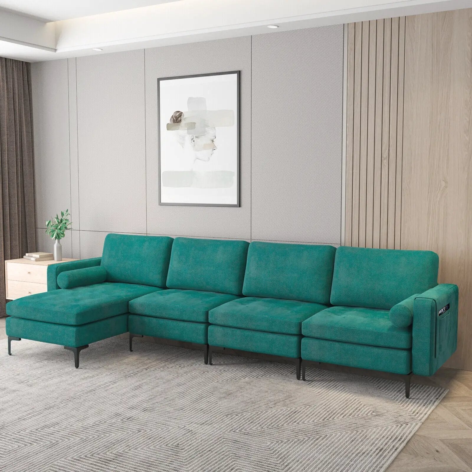 Modular L-shaped 4-Seat Sectional Sofa with Reversible Chaise and 2 USB Socket by DirectDeals