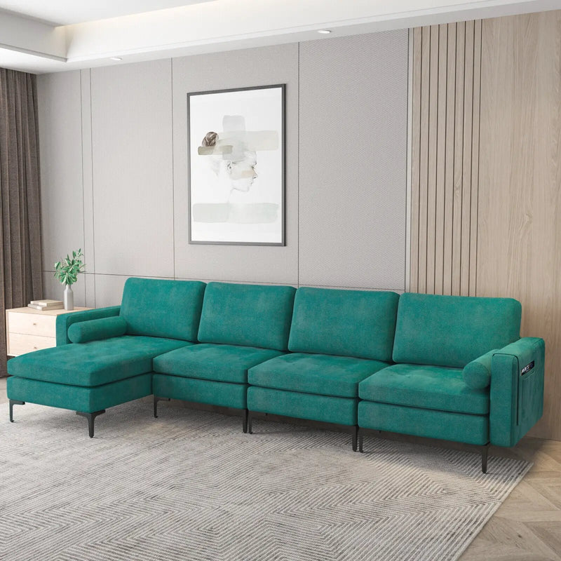 Modular L-shaped 4-Seat Sectional Sofa with Reversible Chaise and 2 USB Socket by DirectDeals