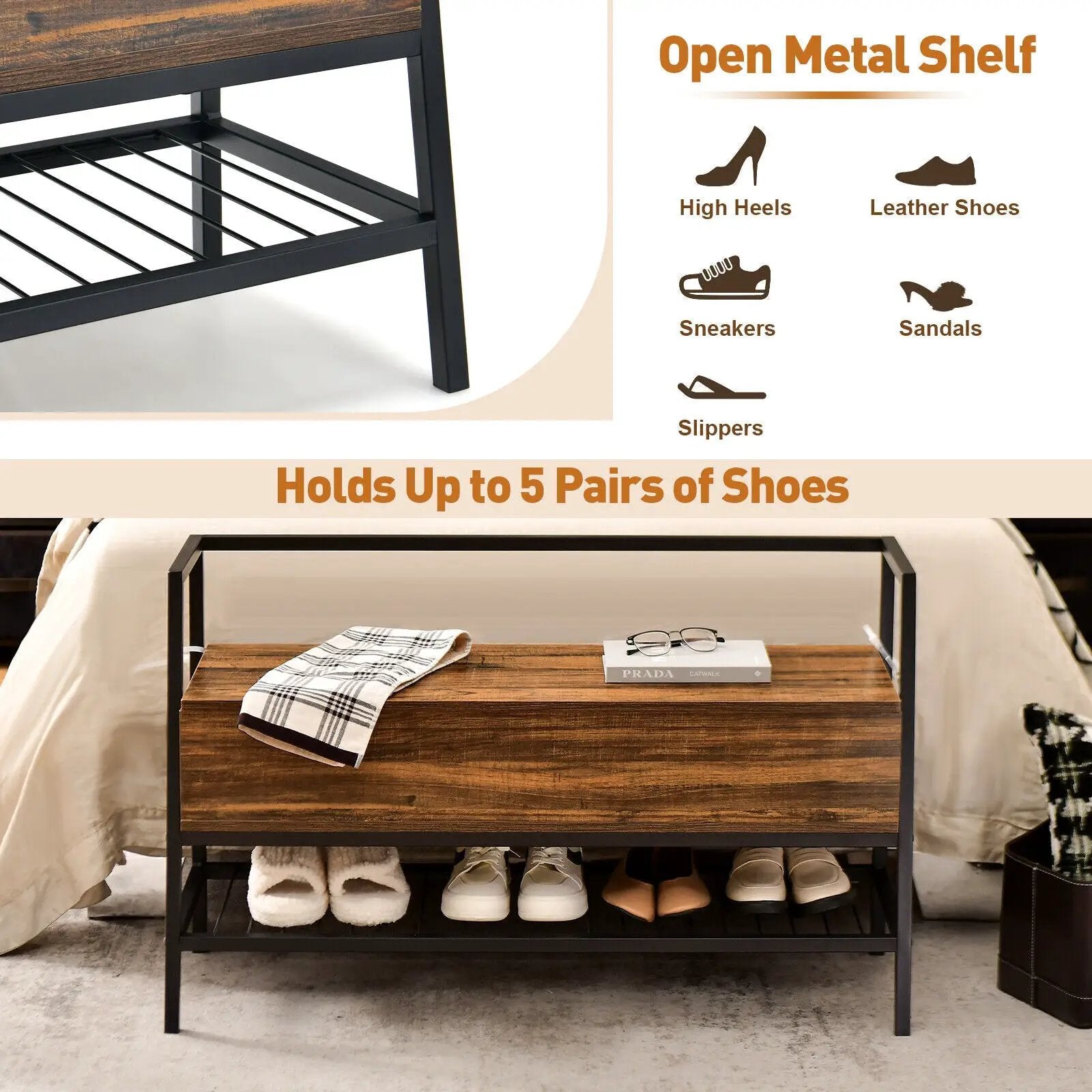 Industrial Shoe Bench with Storage Space and Metal Handrail-Rustic Brown by DirectDeals