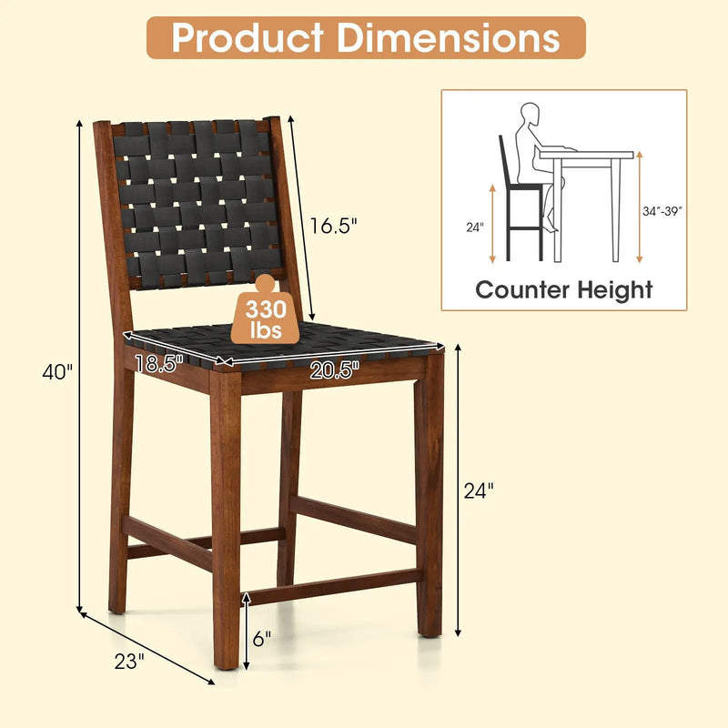 Set of 2 Woven Bar Stools with Faux PU Leather Straps-Black by DirectDeals